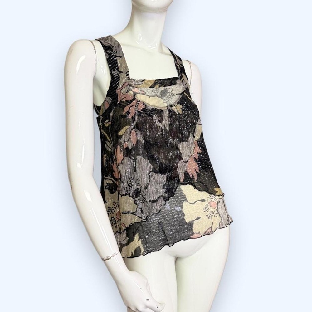 French Connection Y2K Floral Silk Metallic Layered Tank Top Black Gray Pink 8